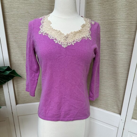 Vintage Ann Taylor Cashmere Sweater Pink with Lace Bodice 3/4 Sleeves Size MP - Picture 1 of 5